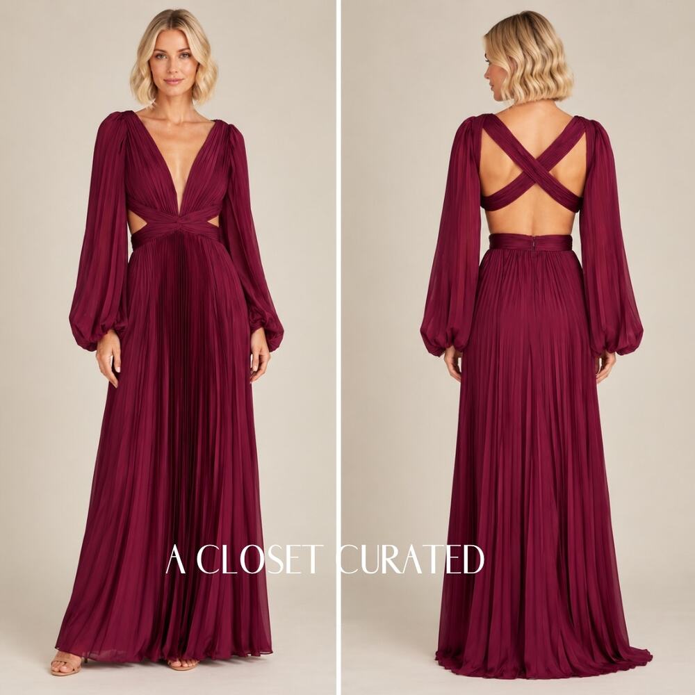 Mac Duggal Pleated Open Back Maxi Gown 2 Red NWT Style 26737